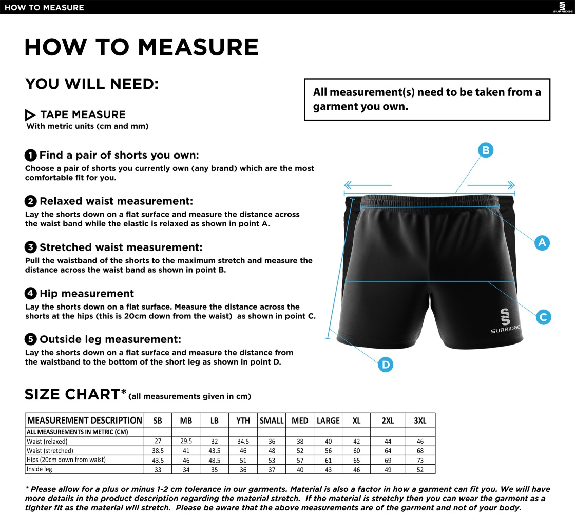 Lymington CC - Performance Gym Short - Size Guide
