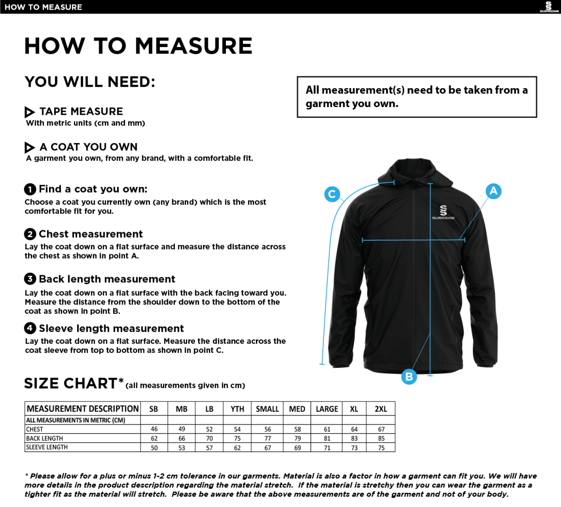 Lymington CC - Dual Elite 1/4 Zip Hoody / Rain Jacket - Size Guide