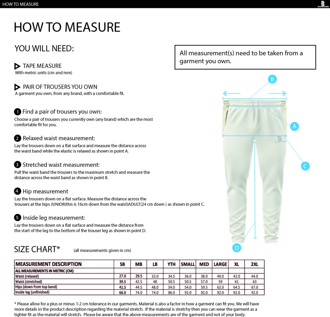 Lymington CC – Junior and 1st Team Blade Playing Pant - Size Guide