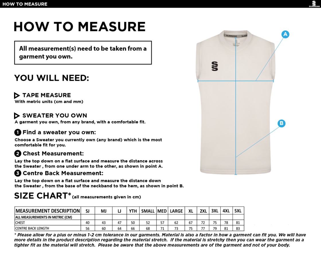 Lymington CC – Junior and 1st Team Sleeveless Playing Sweater – Made to Order - Size Guide