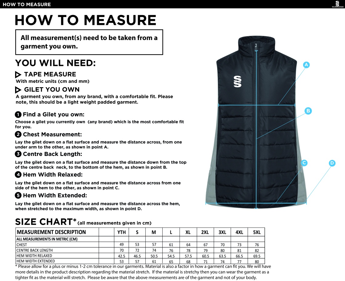 Lymington CC - Active Gilet - Size Guide