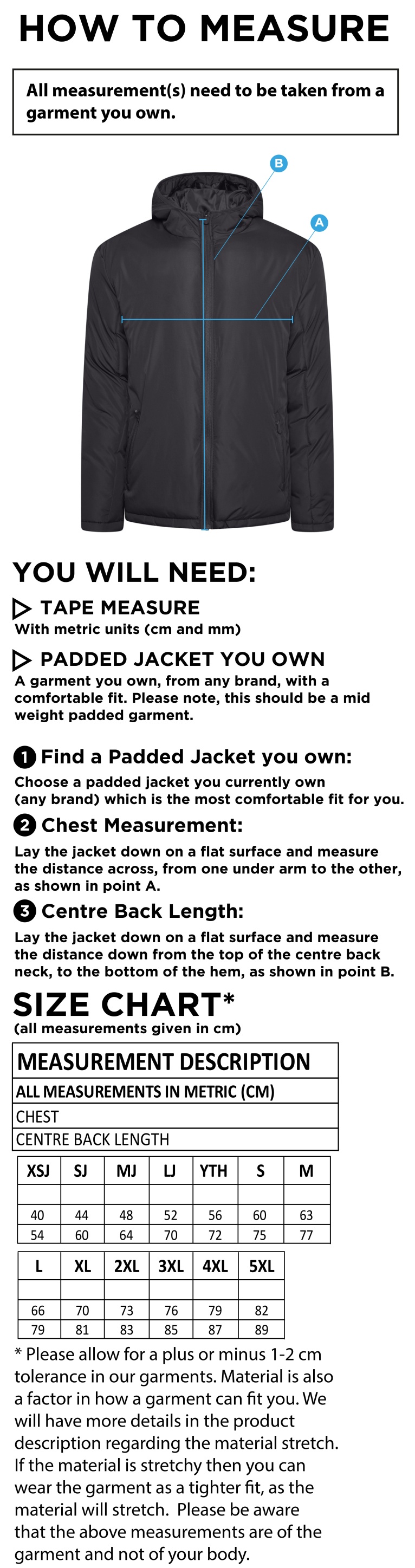 Lymington CC - Active Padded Jacket - Size Guide