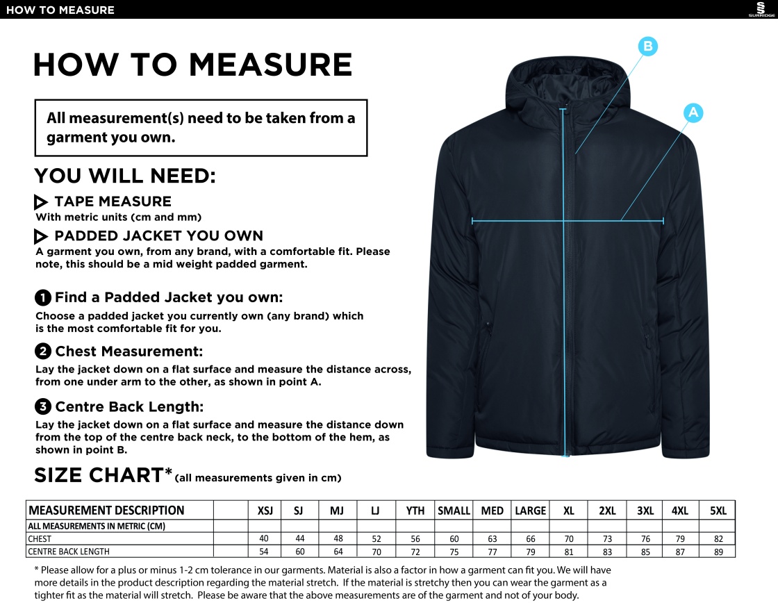 Lymington CC - Active Padded Jacket - Size Guide