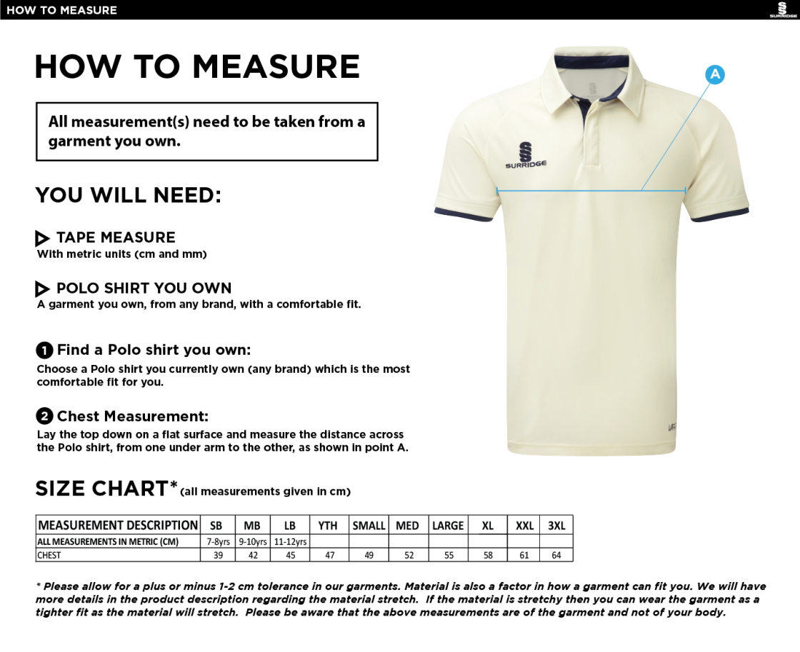 Lymington CC - Ergo Short Sleeve Cricket Shirt - Size Guide