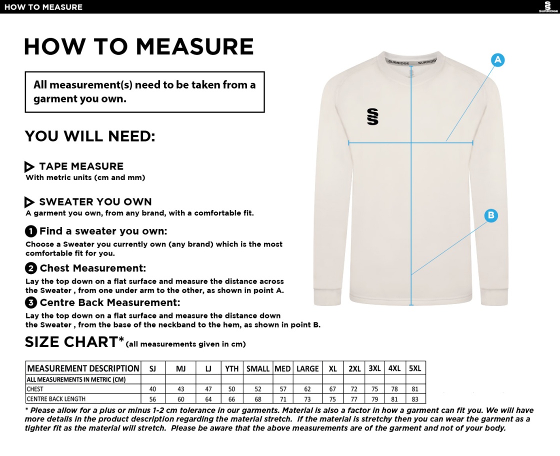 Lymington CC – Junior and 1st Team Long Sleeved Playing Sweater – Made to Order - Size Guide