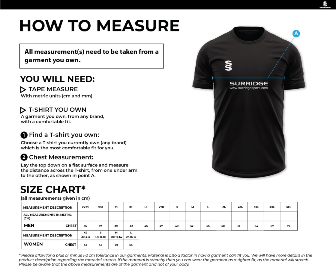 Lymington CC – Junior and 1st Team Short Sleeve Playing Shirt – Made to Order - Size Guide