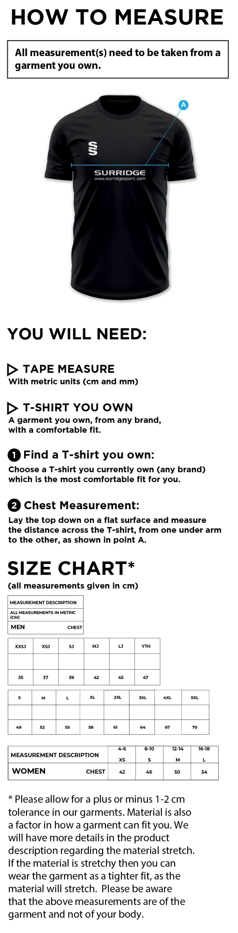 Lymington CC – Junior and 1st Team Short Sleeve Playing Shirt – Made to Order - Size Guide