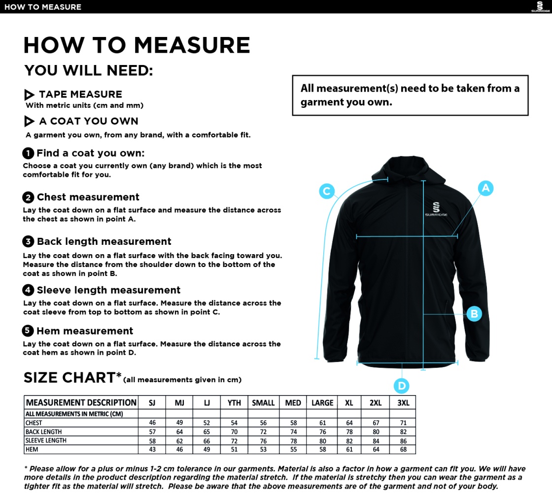 Lymington CC - Dual Elite 1/4 Zip Hoody / Rain Jacket - Size Guide