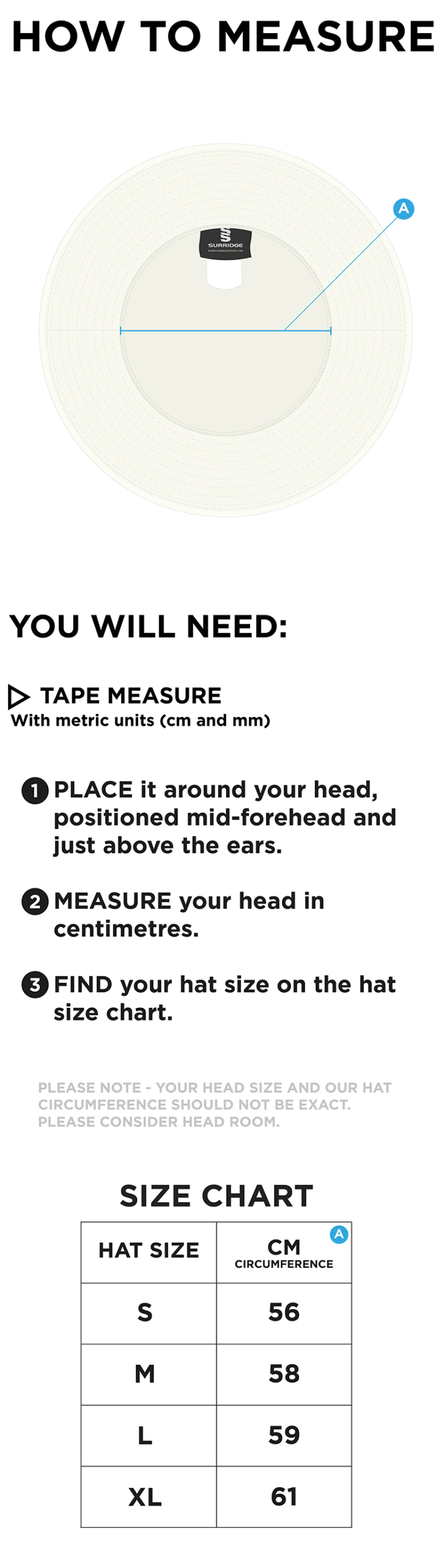 Lymington CC - Floppy Sun Hat - Ivory - Size Guide