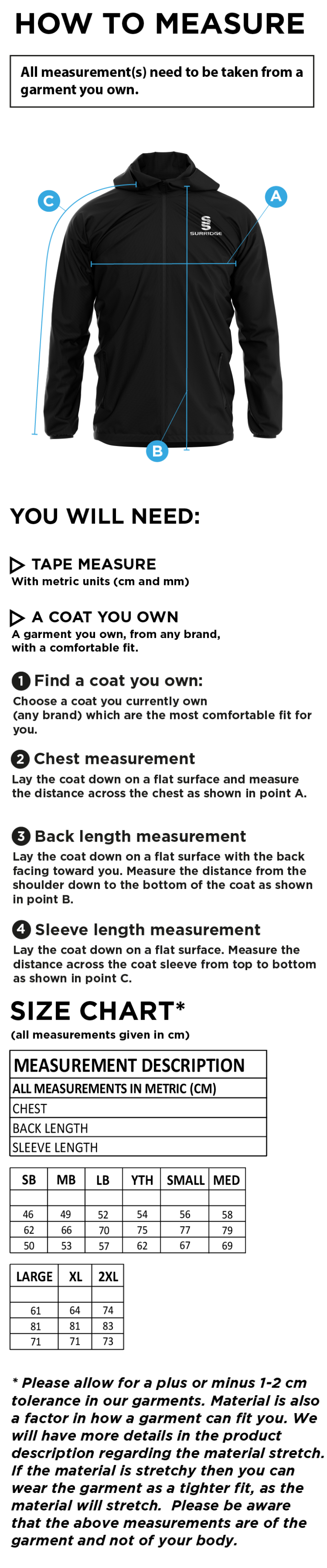 Lymington CC - Dual Elite 1/4 Zip Hoody / Rain Jacket - Size Guide