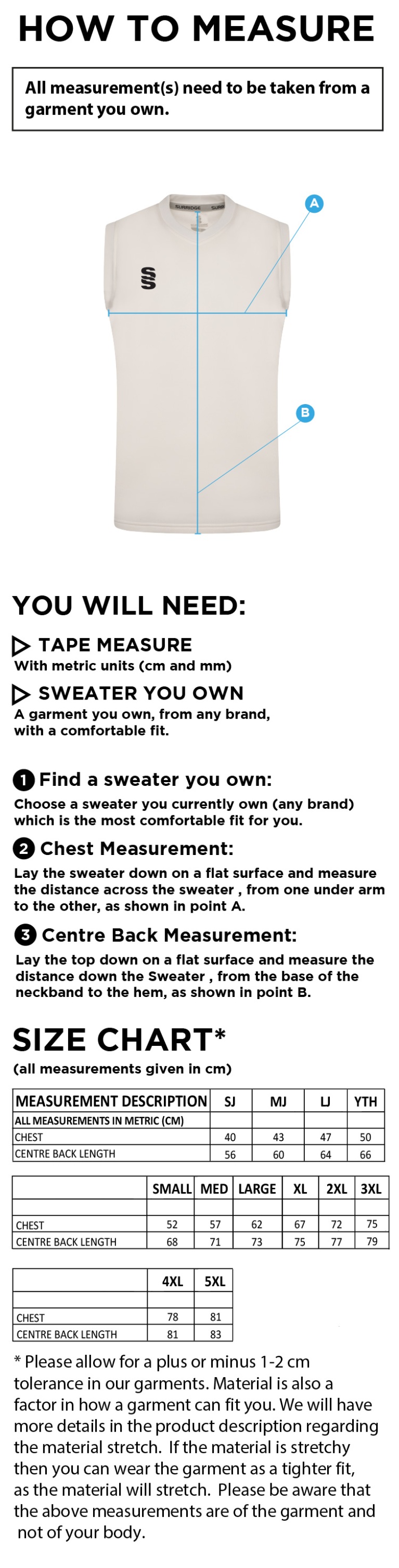 Lymington CC – Junior and 1st Team Sleeveless Playing Sweater – Made to Order - Size Guide