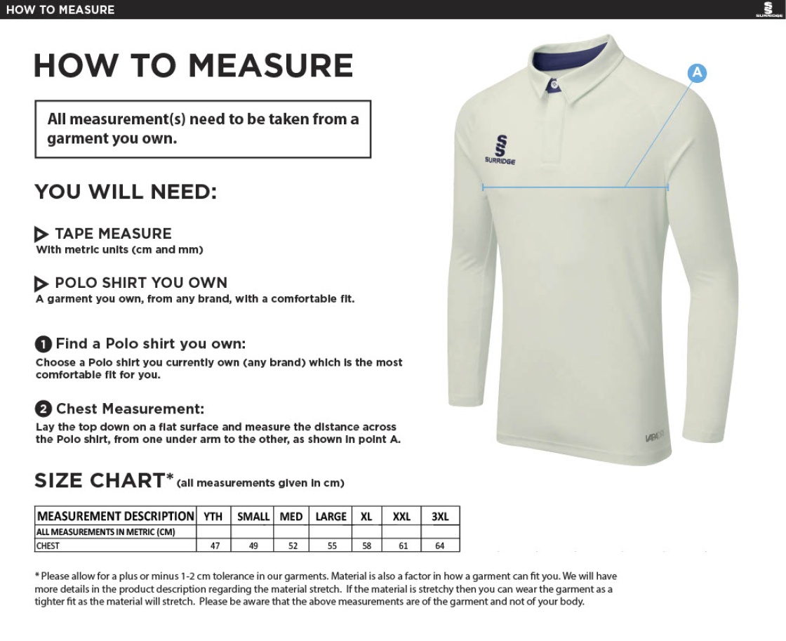 Lymington CC - Ergo Long Sleeve Cricket Shirt - Size Guide