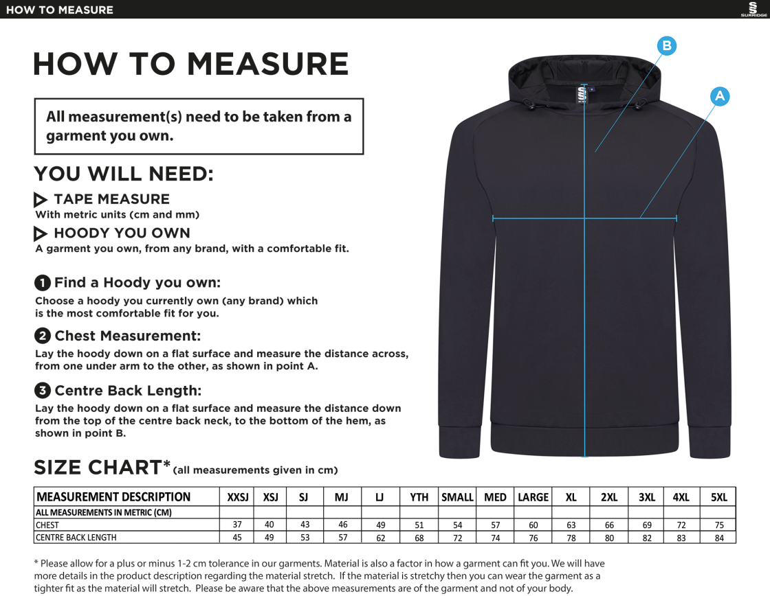 Lymington CC - Active Hoody - Size Guide
